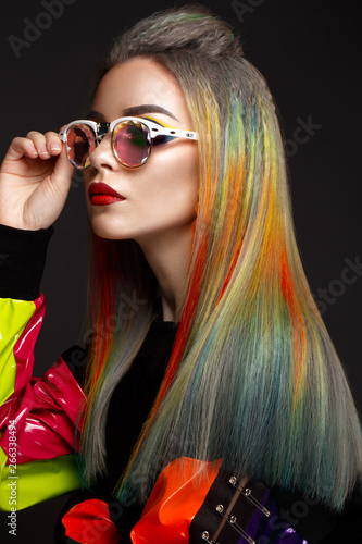 Beautiful Girl With Multi Colored Hair And Creative Make Up And