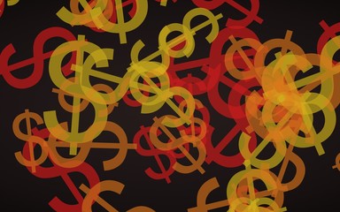 Multicolored translucent dollar signs on dark background. 3D illustration