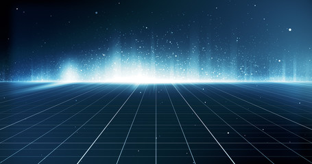Futuristic digital grid and particles abstract cyber technology environment background. 3D Illustration.