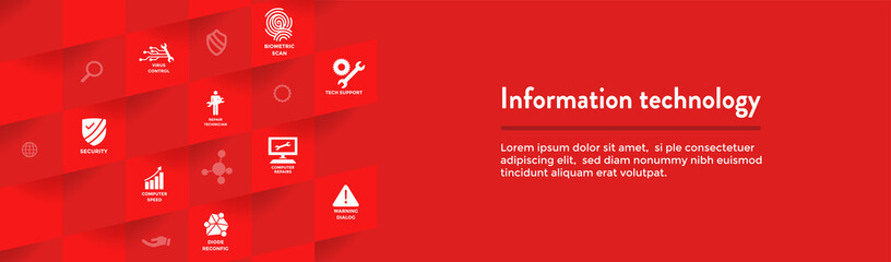 Wall Mural - Information technology Web Header Banner with Wrench, Computer Repairman, computer icons, etc.