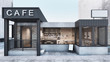 © methajam - Front view Cafe shop & Restaurant design. Modern Loft metal sheet black.White cafe text.wall Brick,Windows black metal frame- 3D render