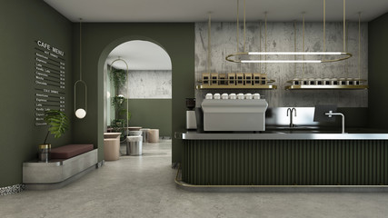 Cafe shop design Modern & Minimal Olive green counter,Gold metal light pendant, Wall Olive green pastel color,Wall concrete,Floor concrete  - 3D render