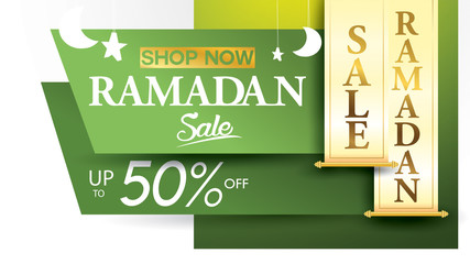 Wall Mural - Eid Mubarak or ramadan kareem banner sale background and template. Copy space for discount tag or content promo product - Vector