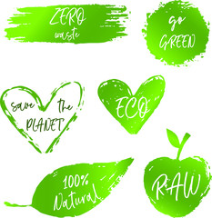 Set of icons, eco, save the planet, zero waste, natural, vegan. Sticker, label template. Isolated