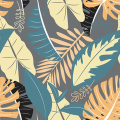  Seamless tropical pattern with leaves on brown background. Vector design. Flat jungle print. Floral background.