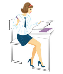 A young schoolgirl sits at a desk. The girl does the homework, writes in the notebook. The lady is very nice. Vector illustration