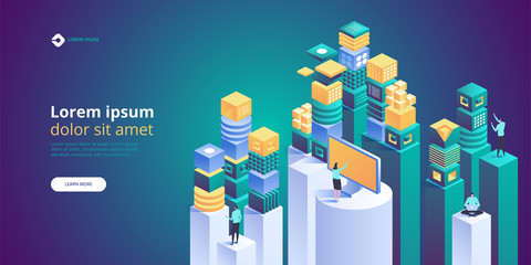 Big data flow processing concept, cloud database, isometric vector