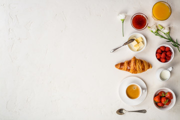 Continental breakfast captured from above, flat lay, top view