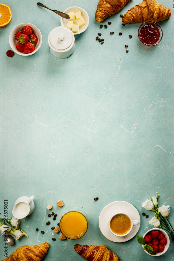 Continental breakfast captured from above, flat lay, top view - obrazy, fototapety, plakaty 