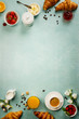 Continental breakfast captured from above, flat lay, top view