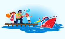 Flat Style Illustration Of A Father With Children Is Driving A Red Radio-controlled Model Of A Modern Powerboat From The Pier. The Red Boat Rushes Through The Waves, Creating Flying Splashes.