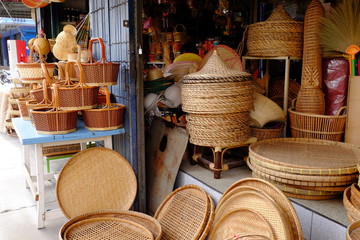 Wall Mural - Basket Wicker Thai Handmade Woven Bamboo Texture Background Design Wicker