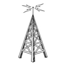 Old Vintage Radio Tower Broadcast Transmitter Sketch Engraving Vector Illustration. Scratch Board Style Imitation. Black And White Hand Drawn Image.