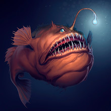 Angler Fish On Background Of Dark Blue Water Realistic Illustration. Scary Deep-sea Fish Predator In The Depths Of The Ocean.