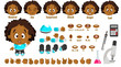 Cartoon afro-american girl constructor for animation. Parts of body, set of poses.