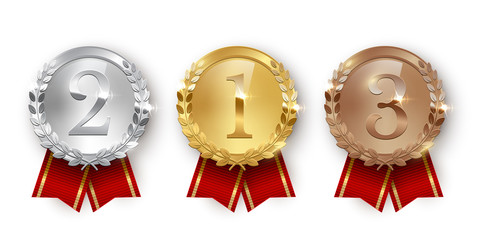 Wall Mural - award golden, silver and bronze medals with ribbons 3d realistic vector color illustration on white 