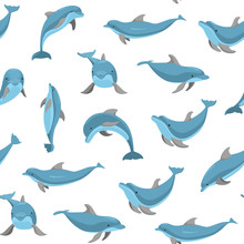 Cartoon Characters Funny Dolphin Seamless Pattern Background. Vector