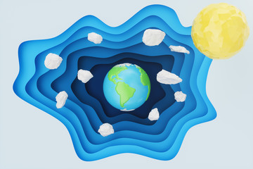 Wall Mural - Abstract paper cut background with Earth concept. Paper carving effect with Earth in centre. Earth with creative origami clouds and sun, 3D rendering