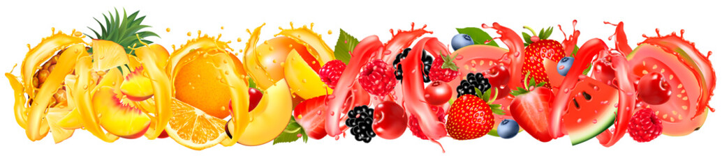 Wall Mural - Fruit in juice splash panorama. Strawberry, raspberry, blueberry, blackberry, orange, guava, watermelon, pineapple, mango, peach. Vector.