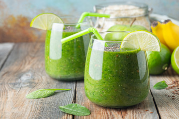 Green fresh healthy smoothie with fruits and vegetables. diet detox concept