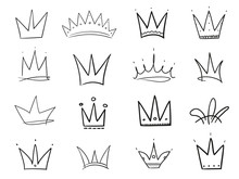 Infographic Elements On Isolation Background. Collection Of Crowns On White. Hand Drawn Simple Objects. Line Art. Black And White Illustration. Elements For Design