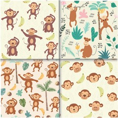 Wall Mural - childish jungle texture with monkeys and jungle elements. seamless pattern vector set