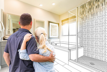 Couple Facing Bathroom Drawing Gradating To Photo