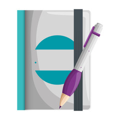 Poster - text book and pen writing with company emblem