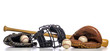 A group of vintage baseball equipment on a white background
