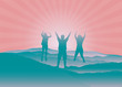 Happy family with hands up jumping and having fun on the top of mountain. Silhouettes of people with raised arms on hiking trip. Vector illustration. Blue Ridge Mountains, North Carolina, USA