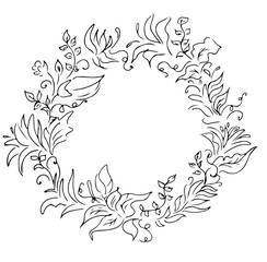 Wall Mural - Wreath of black roses or peonies flowers and branches isolated of white. Foral frame design elements for invitations, greeting cards, posters, blogs. Hand drawn illustration. Line art. Sketch