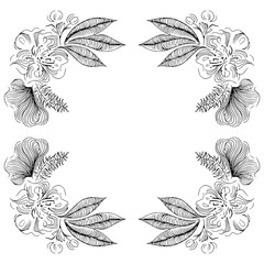 Wall Mural - Wreath of black roses or peonies flowers and branches isolated of white. Foral frame design elements for invitations, greeting cards, posters, blogs. Hand drawn illustration. Line art. Sketch