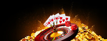 Illustration, Casino Element Isolation Banner Over Colorful Background.