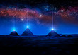 Sci-fi 3D rendering or illustration of Egyptian pyramids at night shooting light rays from the tips