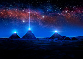 Wall Mural - sci-fi 3d rendering or illustration of egyptian pyramids at night shooting light rays from the tips