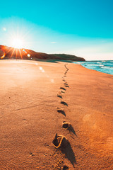 Canvas Print - Footprints in Sand on Beach at Sunrise