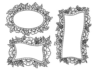 Set of three hand drawn frames with flowers, berries and leaves. Isolated vector illustration 