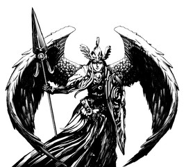 Angel in armor with large wings , holding a shield and a spear