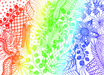  Hand drawn creative pattern with different nature elements and tracery in doodle style. Rainbow colored vector backdrop illustration on white background