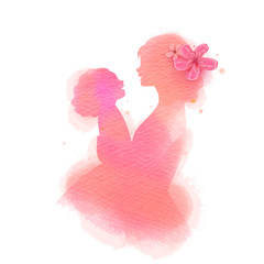 Happy mother's day. Side view of Happy mom with daughter  silhouette plus abstract watercolor painted.Happy  mother's day. Double exposure illustration. Digital art painting. Vector illustration.