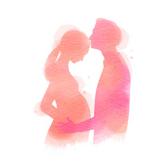 Pregnant woman with her husband silhouette plus abstract watercolor painted. A man kissing his wife. Digital art painting.