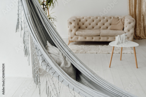 White Cozy Bedroom Interior With Grey Hammock Living Room