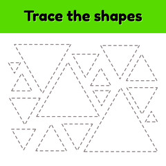 Wall Mural - Vector illustration. Educational tracing worksheet for kids kindergarten, preschool and school age. Trace the geometric shape.  Dashed lines. Triangle.