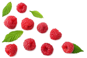 Wall Mural - ripe raspberries with green leaf isolated on white background. top view