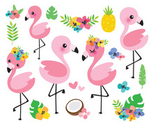 Vector Illustration Cute Baby Flamingos With Tropical Flowers And Palm Leaves.