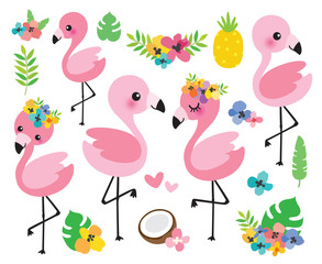 Poster - Vector illustration cute baby flamingos with tropical flowers and palm leaves.