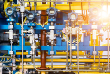 Complex Control System Of Gas Equipment. Many Pipelines, Sensors And Digital Pressure Gauges