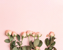 Border Of Little Rose On A Pink Polka Dot Background. Place For Text.