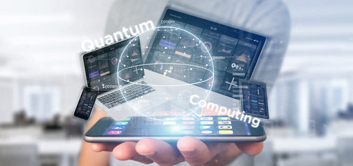 Poster - Businessman holding Quantum computing concept with qubit and devices 3d rendering