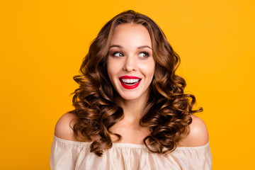 Close up photo amazed cute charming youth people person inspiration wonderful news open mouth candid glad enjoy shiny maquillage modern off-shoulders shirt pastel-colored isolated vibrant background